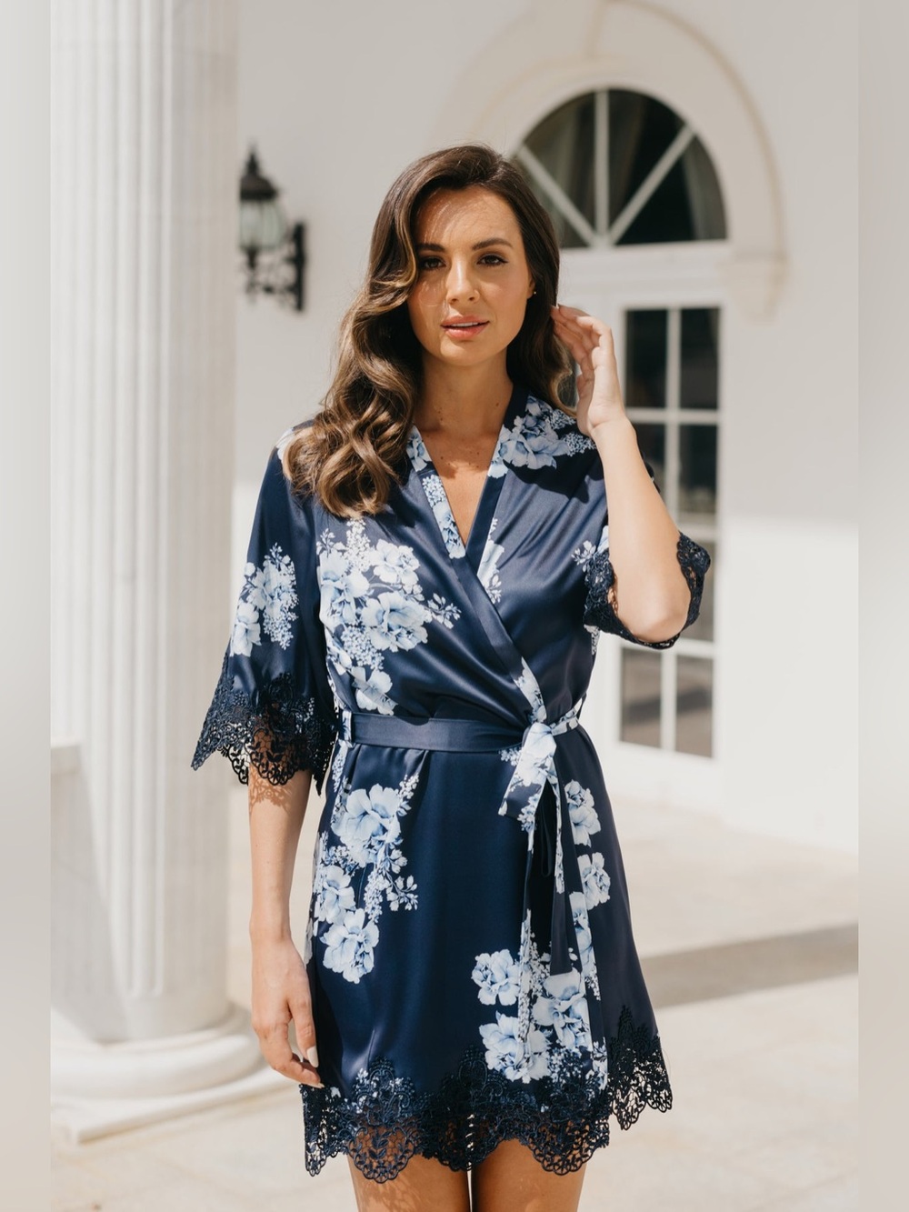 Le Rose Ivana Bleu De Fleur Floral Satin Robe Navy Lace Bridal Bridesmaid S/M